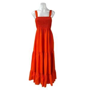 ZARA Orange Smocked Tiered Sleeveless Square Neck Maxi Cami A-line Dress Size S
